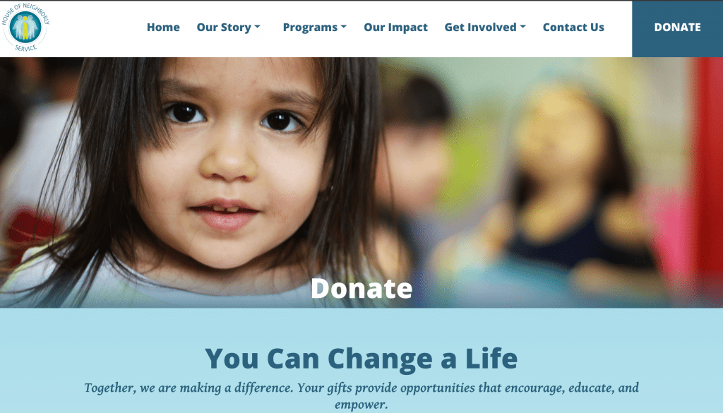 House of Neighborly Service Donate page header screenshot